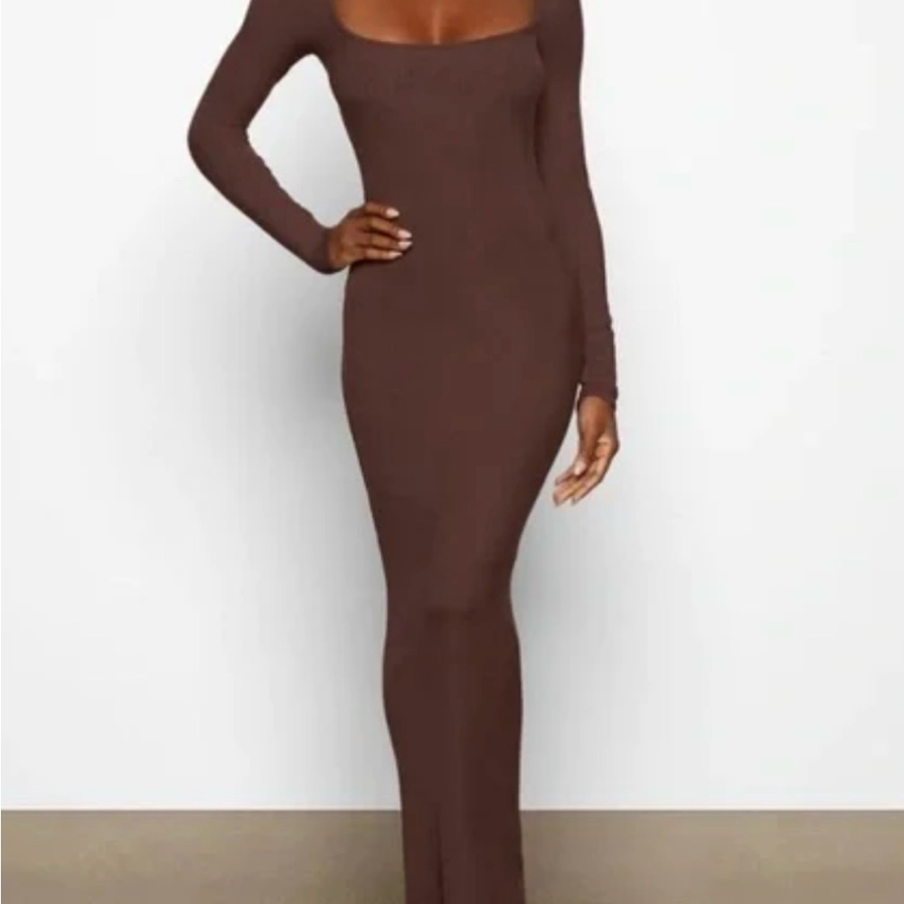 Skims soft lounge ribbed long sleeve maxi dress Cocoa